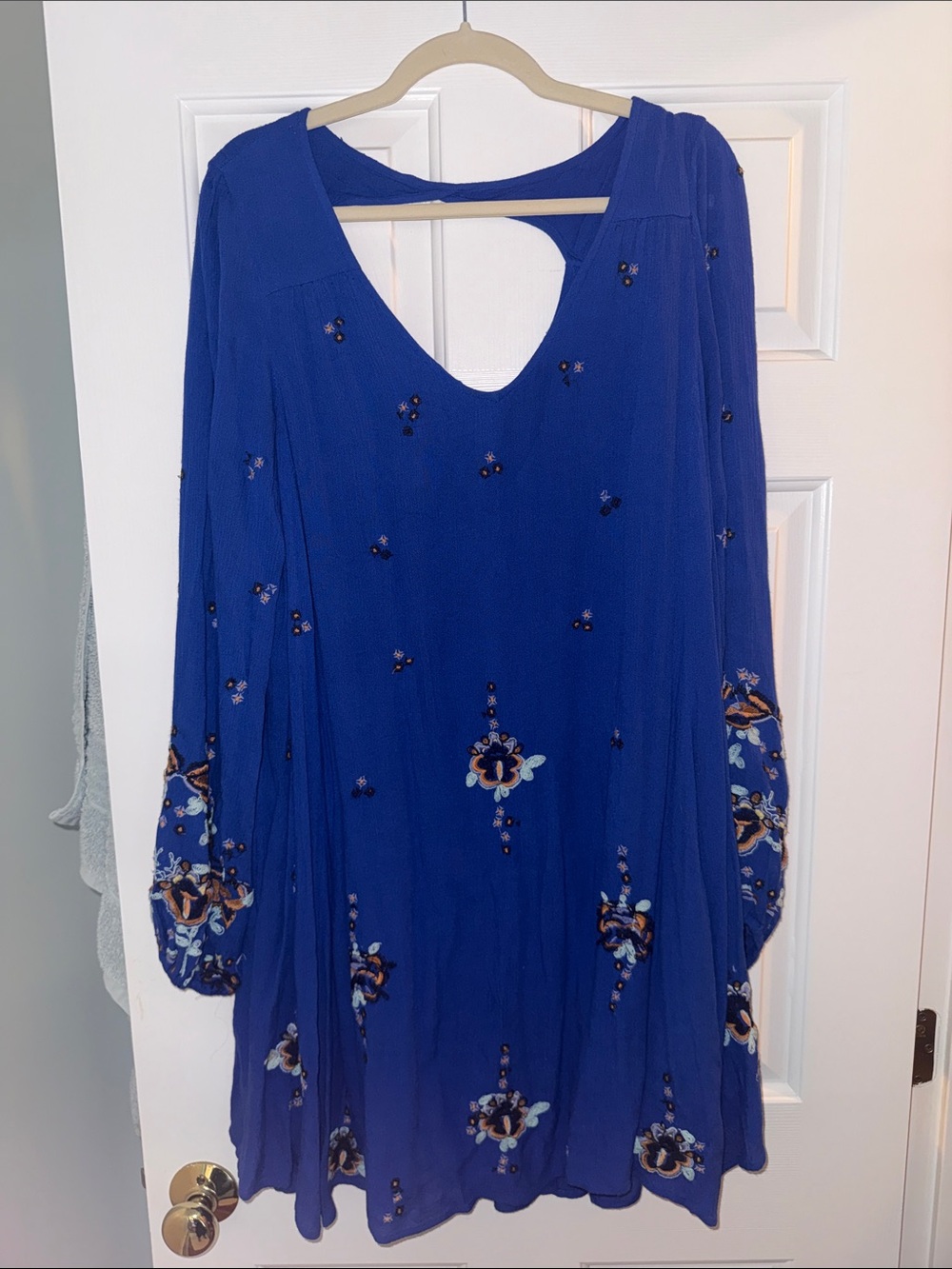 Free People Blue Embroidered Long-Sleeve Swing Dress
